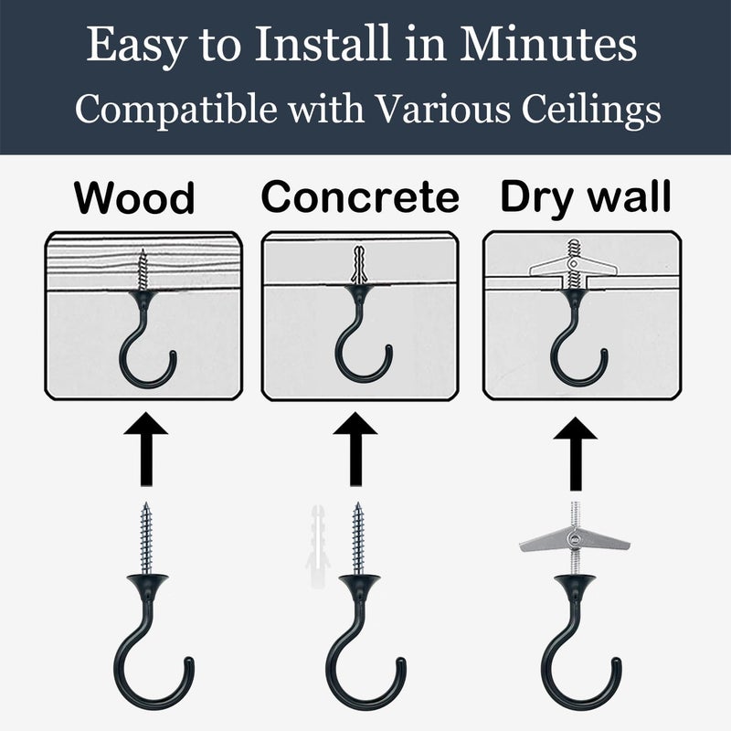 Evsteluo 2 Sets 2.4 inch Heavy Duty Swag Ceiling Hooks with Hardware for Hanging Plants, Cavity Wall Fixing, Easy Installation, Holds Up to 30 lbs, Ideal for Home & Garden (Black) - Image 4